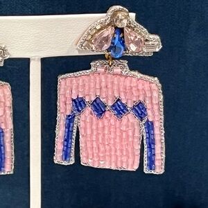 Kentucky Derby Pink and Blue Beaded Rhinestones Silk Shirt Earrings